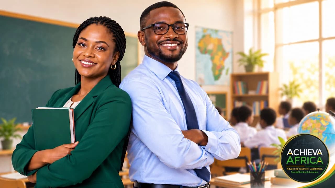 Two African educators standing confidently in a bright classroom