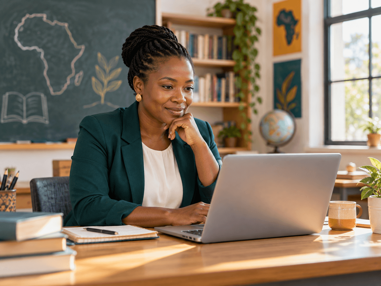 Education professional reviewing programs on a laptop in a bright classroom workspace